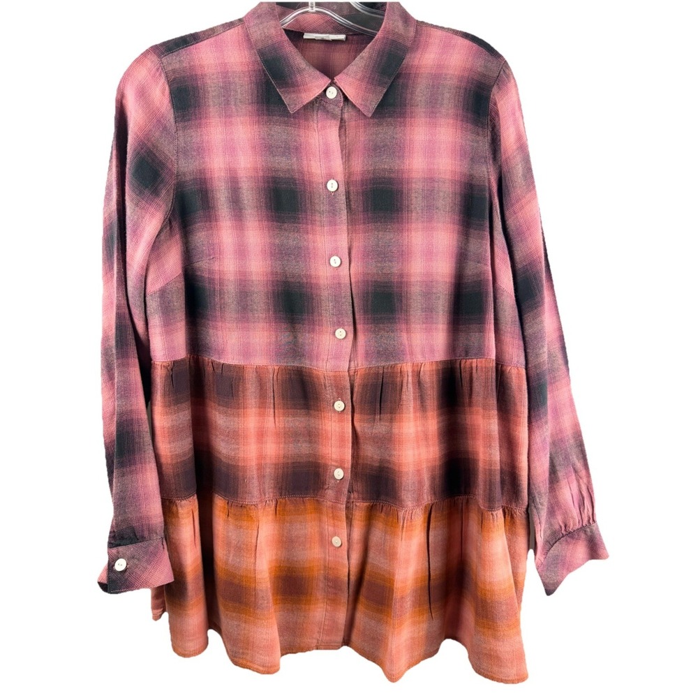 JJill Plaid Long Sleeve Ombre Tiered Flannel Button Up Tunic Ruffle Sz S Petite‎